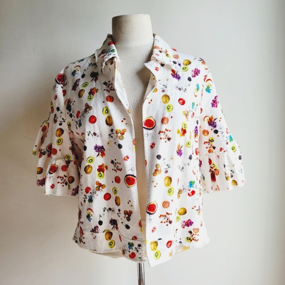 Motel Rocks White Cropped Button-Front Jacket with Multicolor Fruit Print